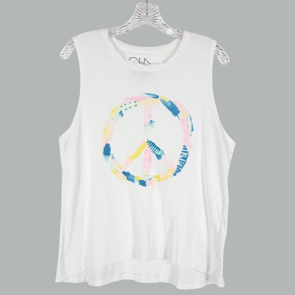 Chaser Graphic Tank Top Womens Size Large Feather Neon Pastel Peace Sign Boho